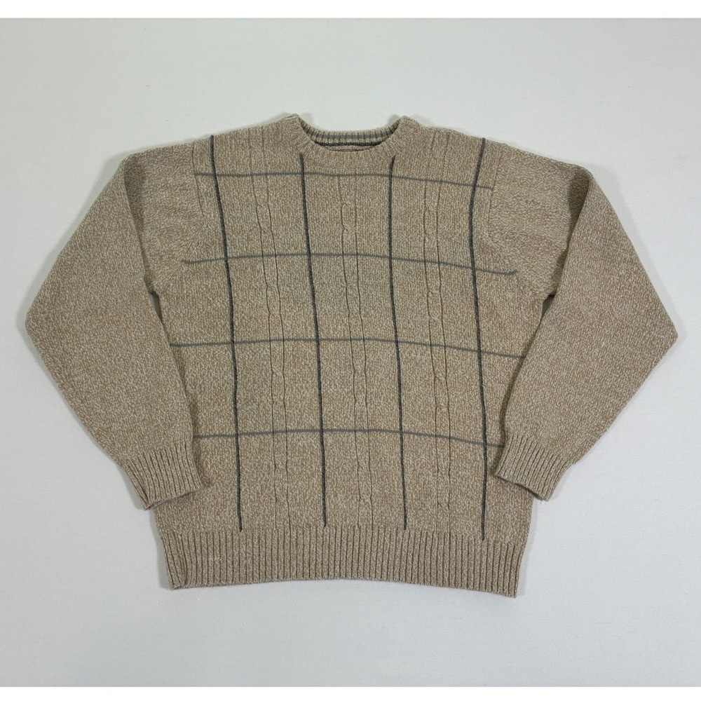 Basic Editions Mens L Tan Windowpane Cable Knit Crewneck Sweater Y2K